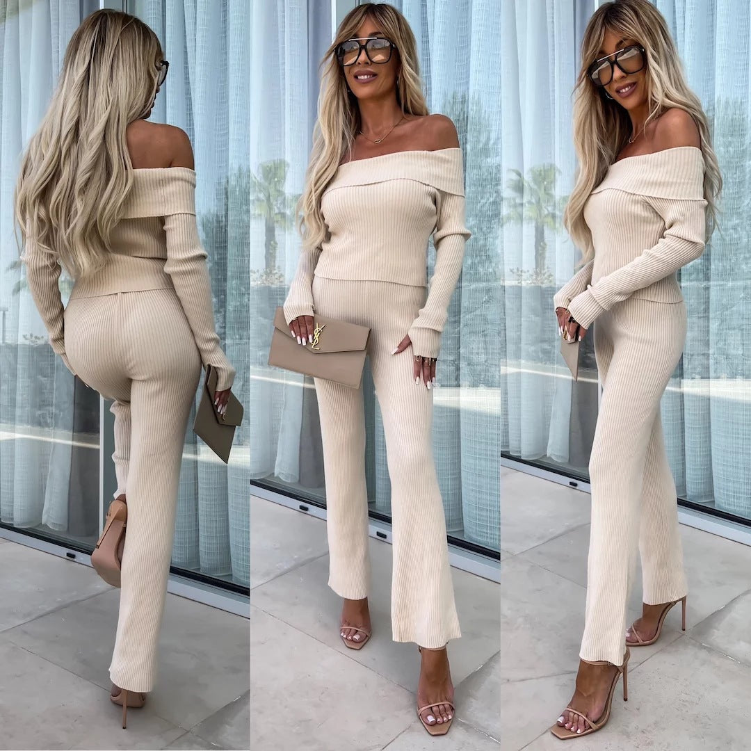 Damen elegante Knit-Jumpsuit mit schulterfreiem Design und weitem Bein Drune