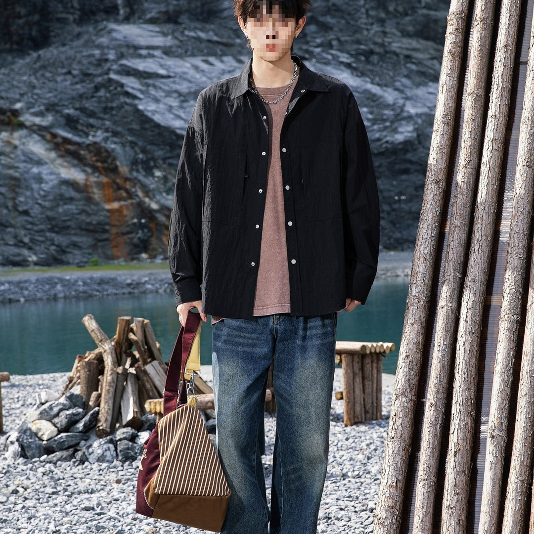 Herren Oversize Utility-Hemdjacke aus Ripstop mit Druckknopfblende und aufgesetzten Taschen Drune