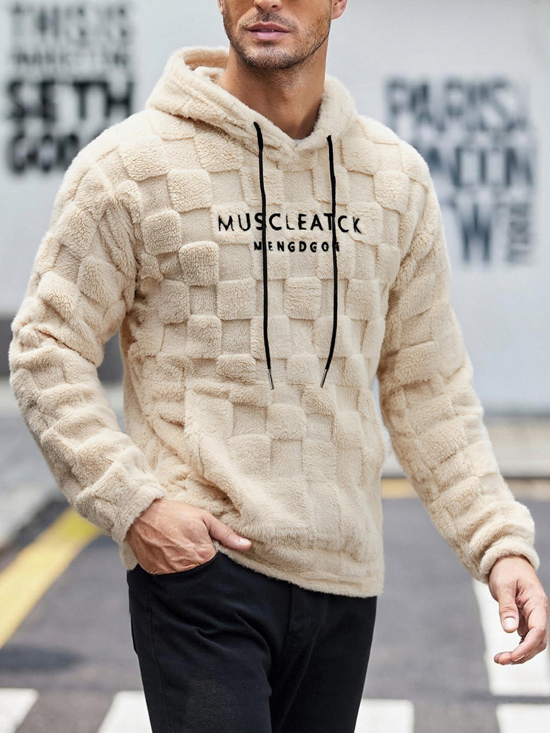 Herren flauschiger Sherpa-Hoodie mit Quadrat-Steppmuster, Kängurutasche und verstellbarer Kapuze Drune