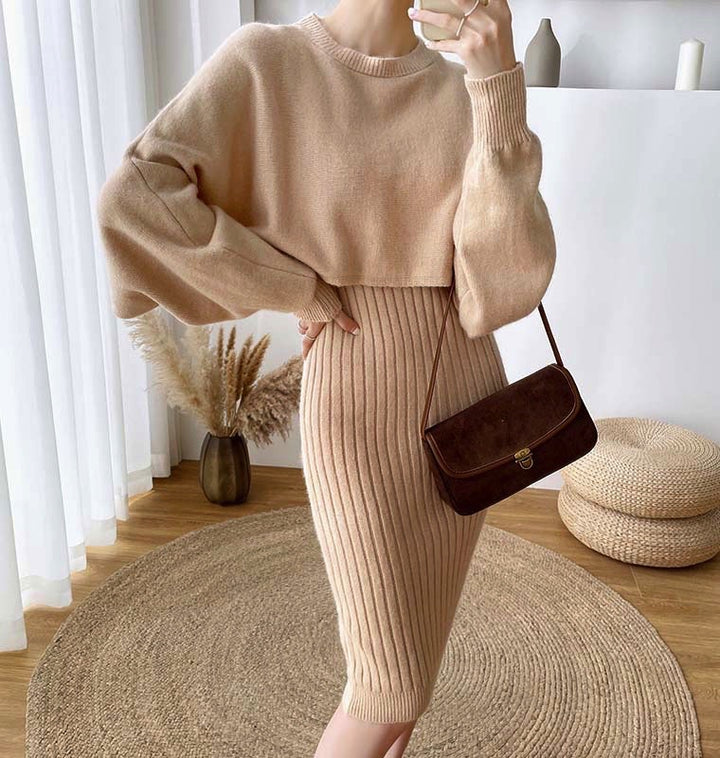 Damen elegante Strickkleid mit Ribstruktur und voluminösen Ärmeln Drune