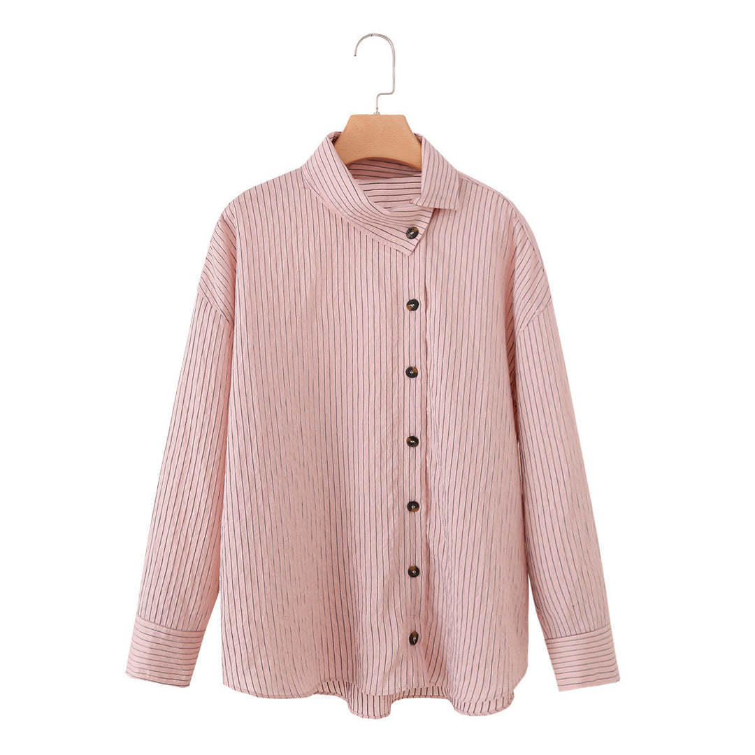 Damen Oversize-Bluse mit Stehkragen, feinen Nadelstreifen und durchgehender Knopfleiste Drune