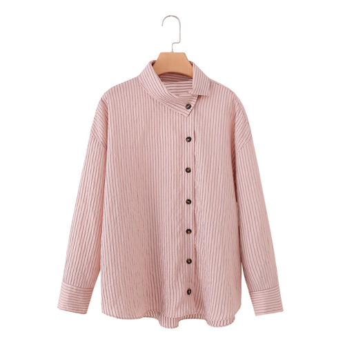 Damen Oversize-Bluse mit Stehkragen, feinen Nadelstreifen und durchgehender Knopfleiste Drune
