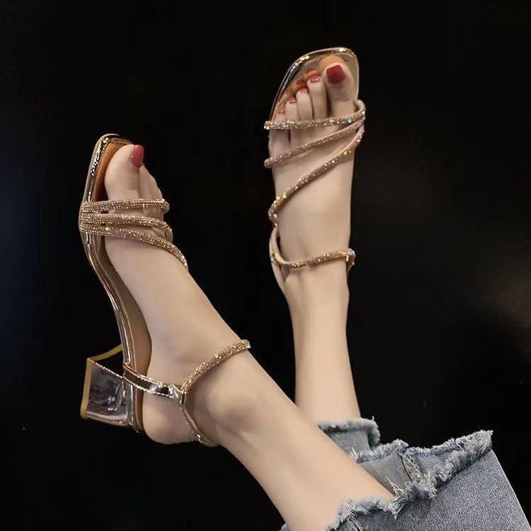 Damen Elegante Strass‑Riemchen Sandaletten mit quadratischer Zehenbox und stabilem Blockabsatz Drune