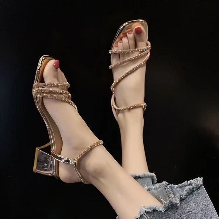 Damen Elegante Strass‑Riemchen Sandaletten mit quadratischer Zehenbox und stabilem Blockabsatz Drune