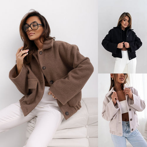 Damen Oversized Wolljacke mit Knopfdetails und elastischen Ärmeln Drune