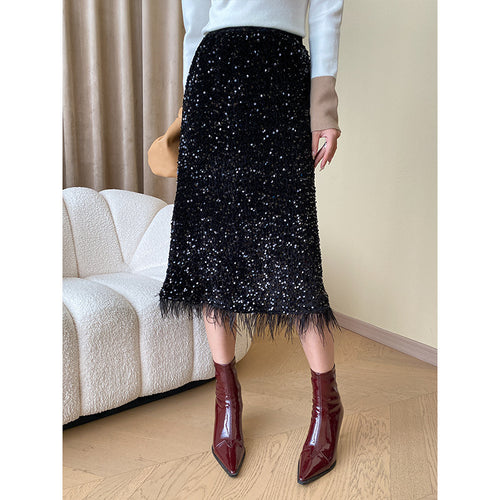 Damen Midirock mit Pailletten und gerafftem Saum Drune