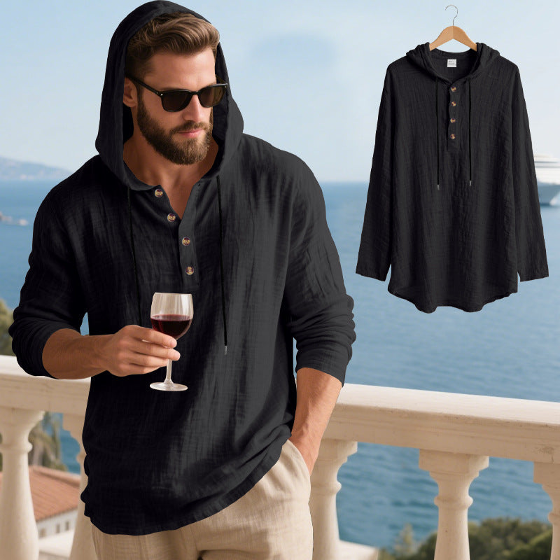 Herren nan lässiges Kapuzen-Henleyshirt in Leinenoptik mit durchgehender Knopfleiste und relaxed Fit Drune