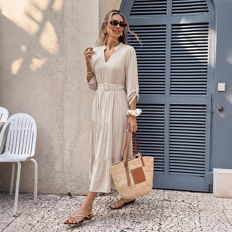 Damen Elegantes Maxikleid mit Taillengürtel und Rüschendetails Drune