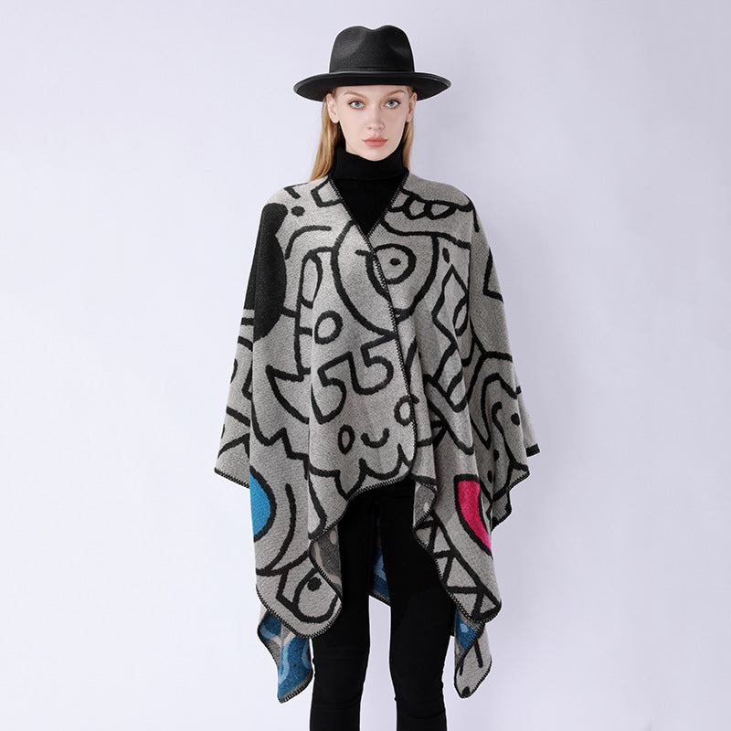 Damen Oversize-Poncho im künstlerischen Print mit zweifarbiger Kantenverarbeitung und asymmetrischem Zipfelsaum Drune