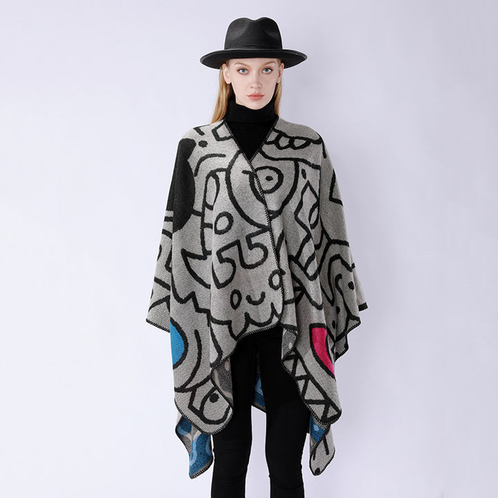 Damen Oversize-Poncho im künstlerischen Print mit zweifarbiger Kantenverarbeitung und asymmetrischem Zipfelsaum Drune