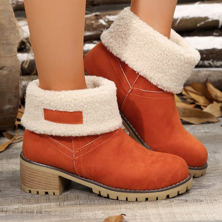 Damen warme Stiefeletten mit flauschigem Schafsfellkragen Drune