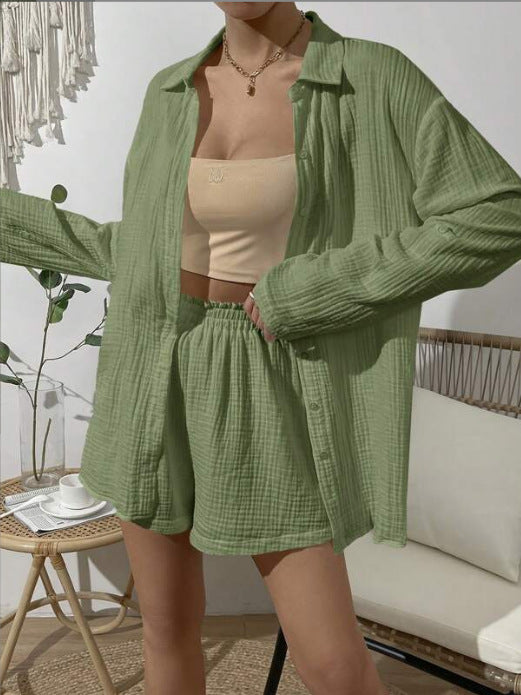 Damen nan luftig-leichter Zweiteiler Lounge-Set aus Baumwoll-Gauze mit Hemdbluse und elastischer Taillen-Shorts Drune