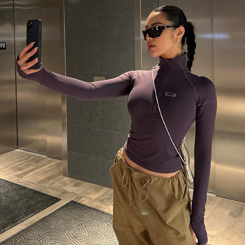 Damen figurbetontes Longsleeve Shirt mit Stehkragen und Reißverschluss Drune