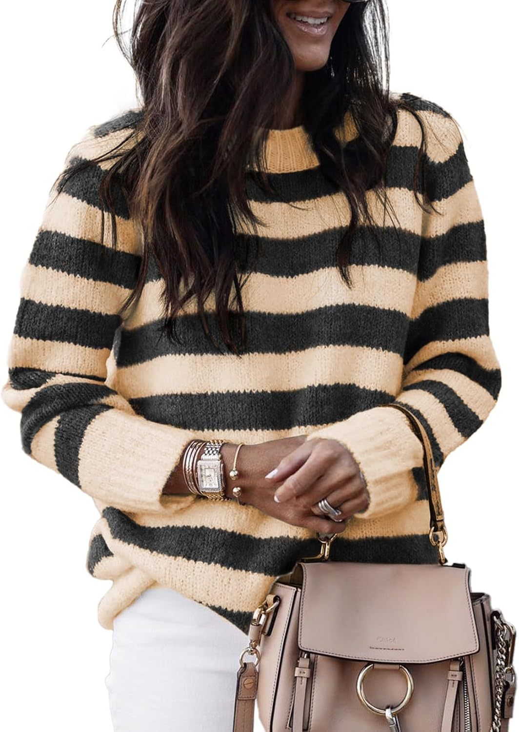 Damen lässiger Strickpullover mit breiten Querstreifen Drune