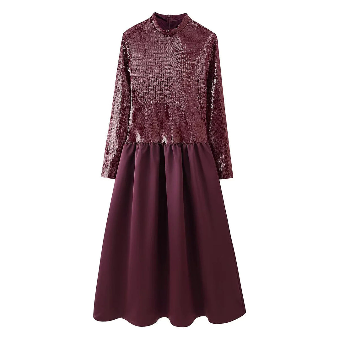 Damen nan festliches Maxikleid mit Paillettenoberteil, Stehkragen, langen Ärmeln und gerafftem Taillenrock Drune