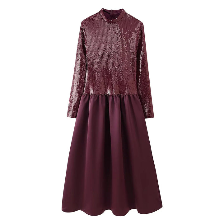 Damen nan festliches Maxikleid mit Paillettenoberteil, Stehkragen, langen Ärmeln und gerafftem Taillenrock Drune