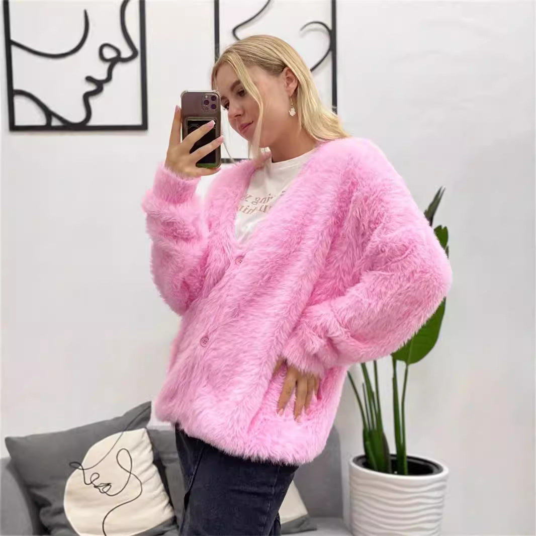 Damen gemütlicher Strickcardigan mit weichem Flauschmaterial und modischem Knopfdetail Drune