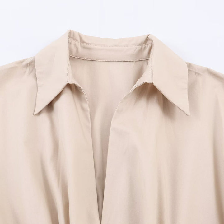 Damen Langärmeliges Hemdblusenkleid mit weitem Faltenrock und Taillengürtel Drune