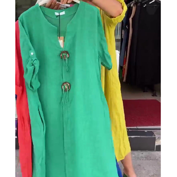 Damen Lange Leinen Look Kaftan Kleid mit Holerring Dekorbändchen und Roll-Up Drei-Viertel Ärmeln Drune