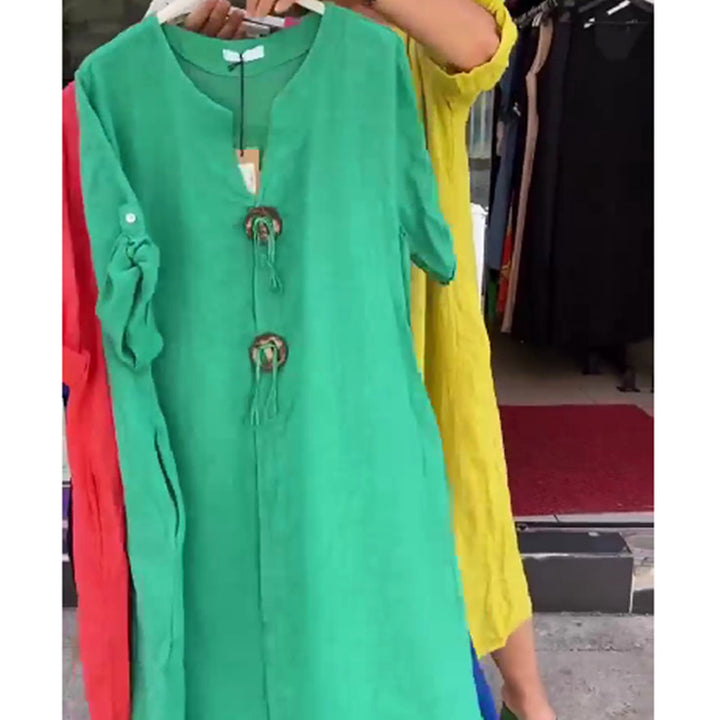 Damen Lange Leinen Look Kaftan Kleid mit Holerring Dekorbändchen und Roll-Up Drei-Viertel Ärmeln Drune