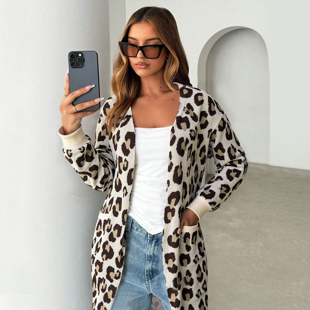 Damen Cardigan mit Leopardenmuster und praktischem Taschen Drune
