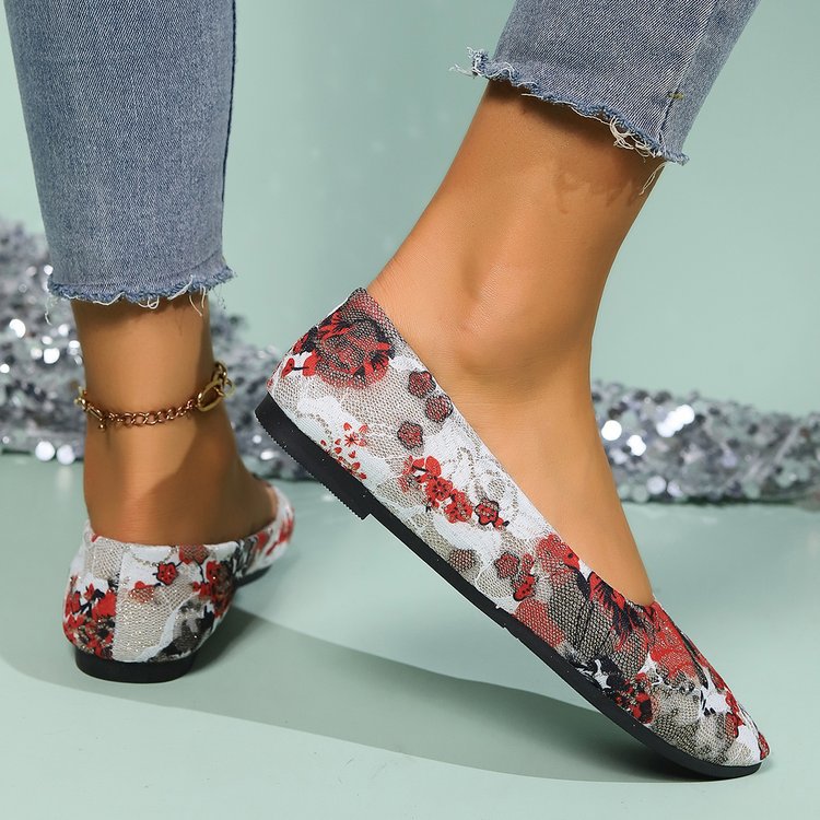 Damen Ballerinas mit floralem Muster und elegantem, spitzem Zehenbereich Drune