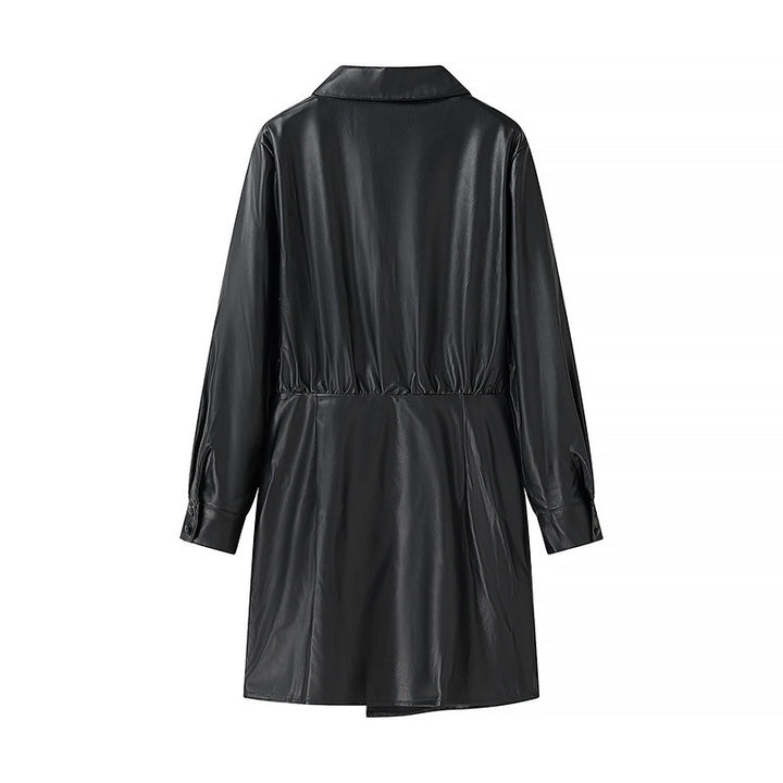 Damen Wickel-Kunstleder-Minikleid mit Hemdkragen, geraffter Taillenpartie und Manschetten Drune