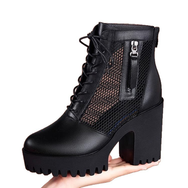Damen Modische Plateau Stiefeletten mit Netz-Einsätzen Drune