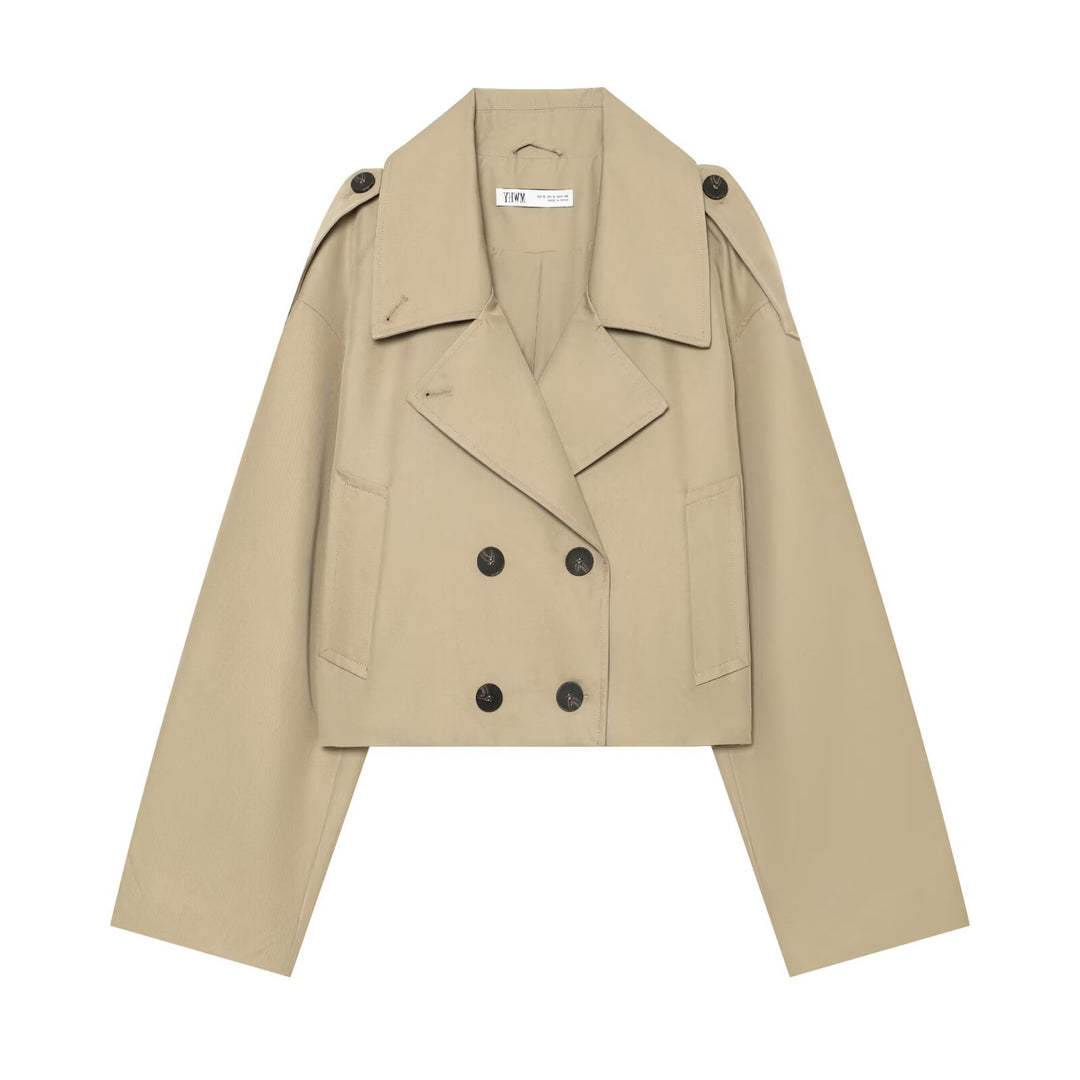 Damen Kurzjacke im Trenchstil mit Boxy-Schnitt, Doppelreihe und Schulterklappen Drune