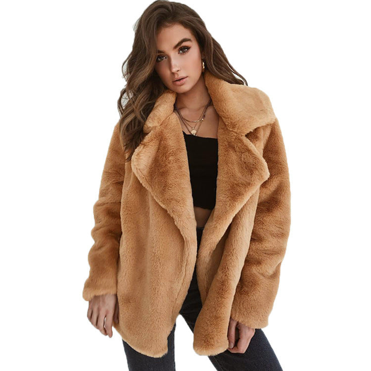 Damen Kuscheliger Oversized Kunstpelz-Mantel mit großem Reverskragen Drune