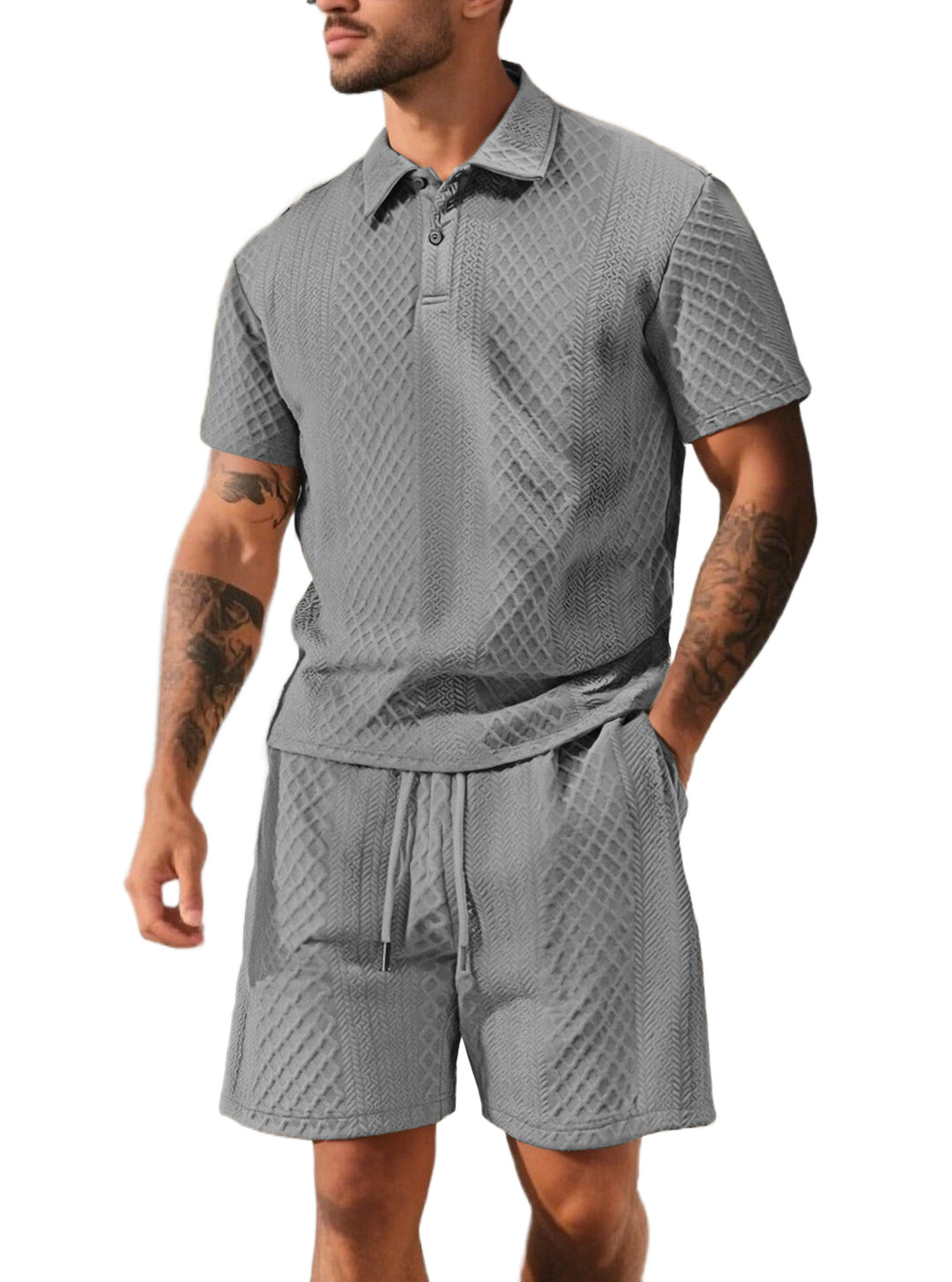 Herren nan strukturiertes Poloshirt- und Bermudashorts-Set aus gesteppter Baumwollmischung Drune