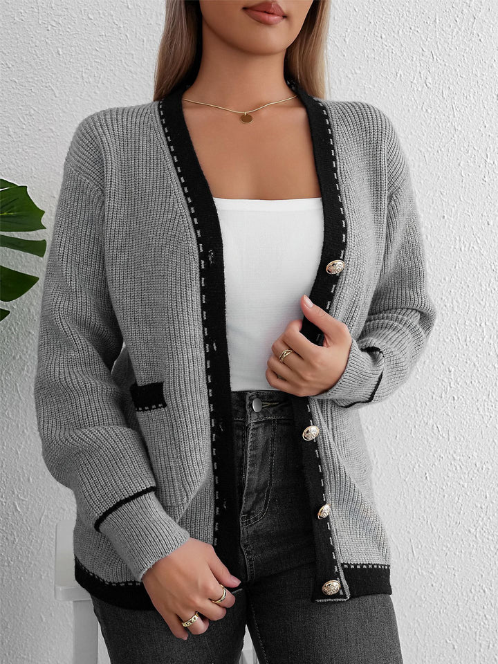 Damen Strickcardigan mit tropfenförmigen Knopfdetails und modischer Kontrastpaspel Drune