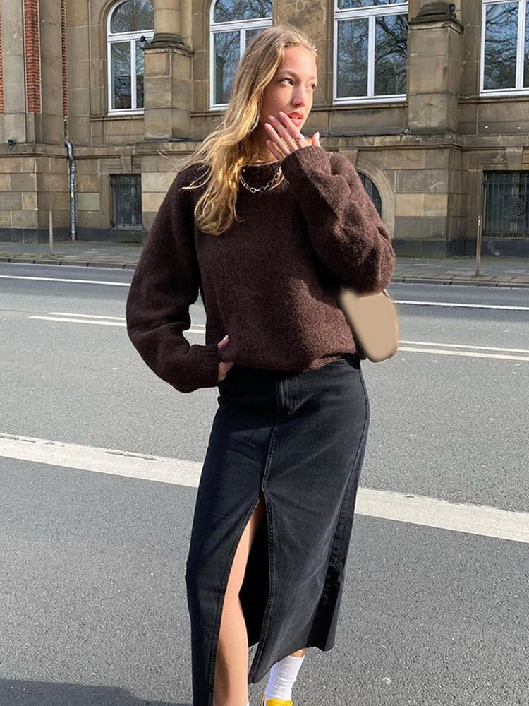 Damen Denim-Midirock mit hoher Taille, Frontschlitz und geradem Schnitt Drune