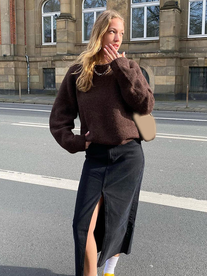 Damen Denim-Midirock mit hoher Taille, Frontschlitz und geradem Schnitt Drune
