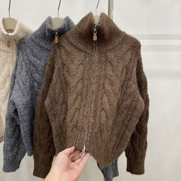 Damen Grobstrickpullover mit hohem Kragen und dekorativem Reißverschluss Drune