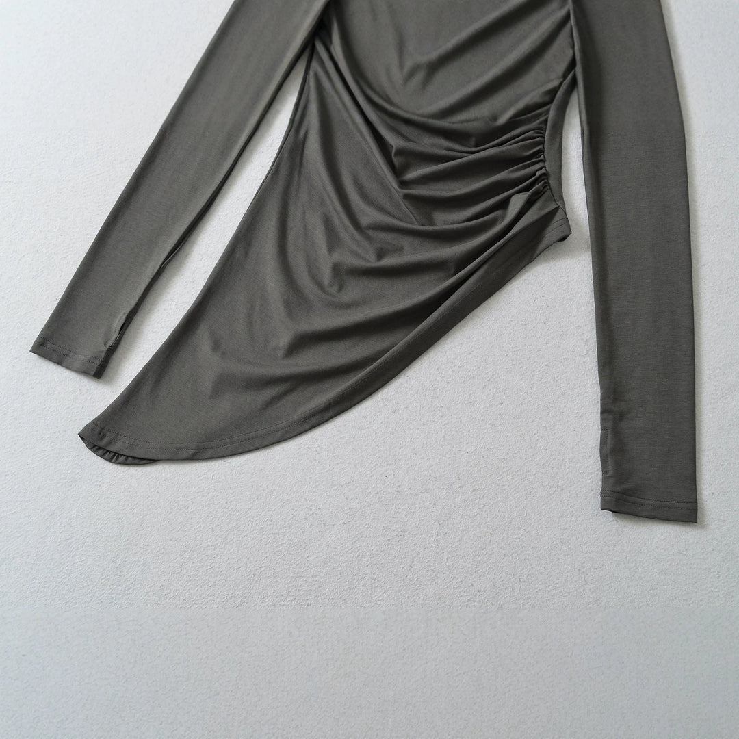 Damen Figurbetontes Langarm-Midikleid mit asymmetrischem Saum, Raffung und Neckholder Drune