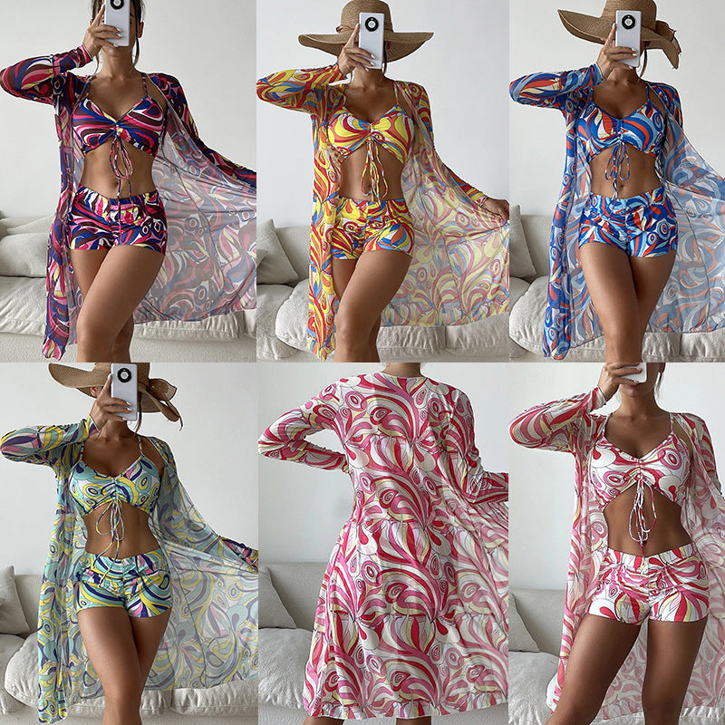 Damen Strandanzug mit leichtem Kimono und buntem Unterteil Drune