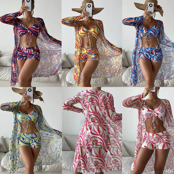 Damen Strandanzug mit leichtem Kimono und buntem Unterteil Drune
