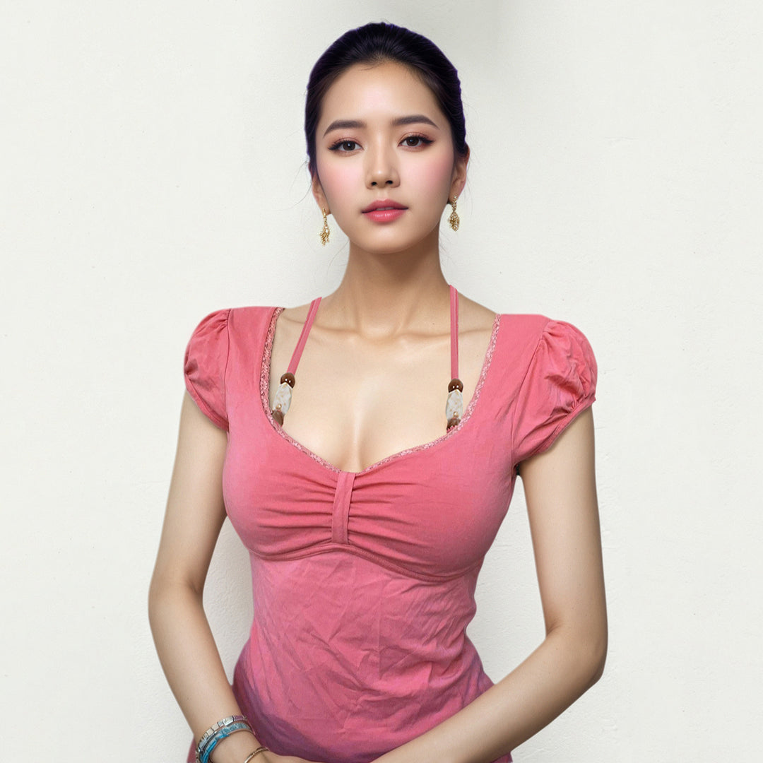 Damen figurbetontes T-Shirt mit verstellbarem Halsband Drune