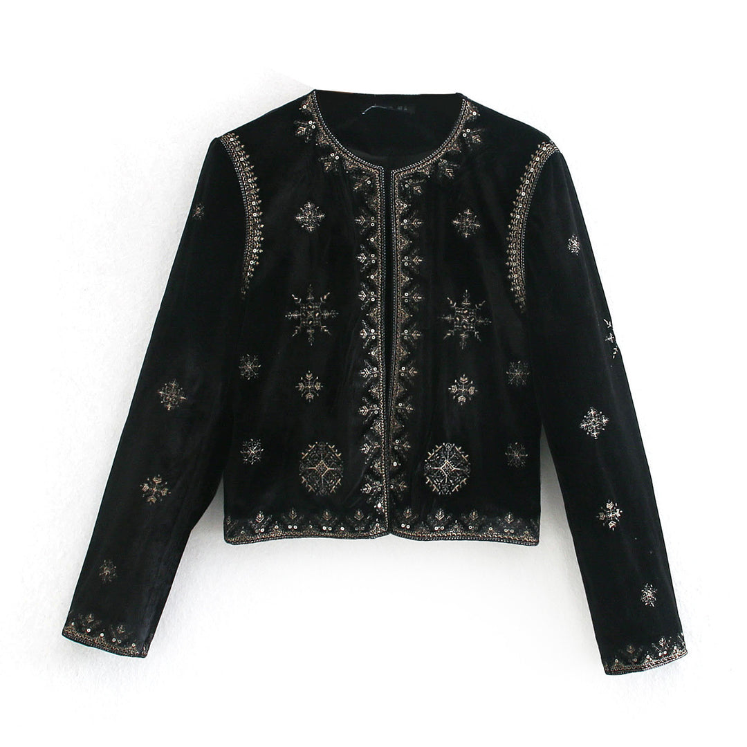 Damen Kurze bestickte Samtjacke mit Perlen- und Paillettenverzierung Drune
