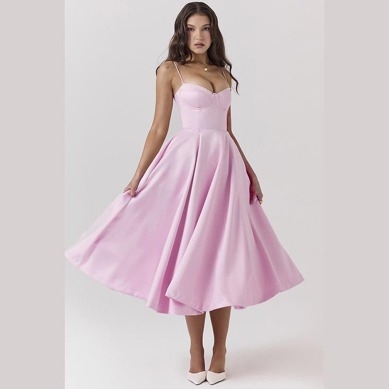 Damen Elegantes Satin Abendkleid mit schwingendem Rock und verstellbaren Spaghetti-Trägern Drune