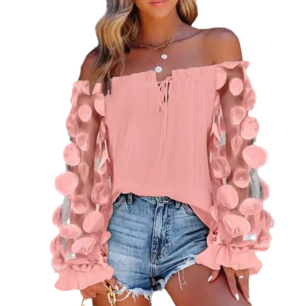 Damen nan schulterfreies Carmen-Top mit transparenten Organza-Ärmeln, kreisförmigen Applikationen und Volantmanschetten Drune
