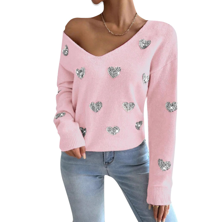 Damen Oversized Pullover mit tiefem V-Ausschnitt und Herzmotiv Drune
