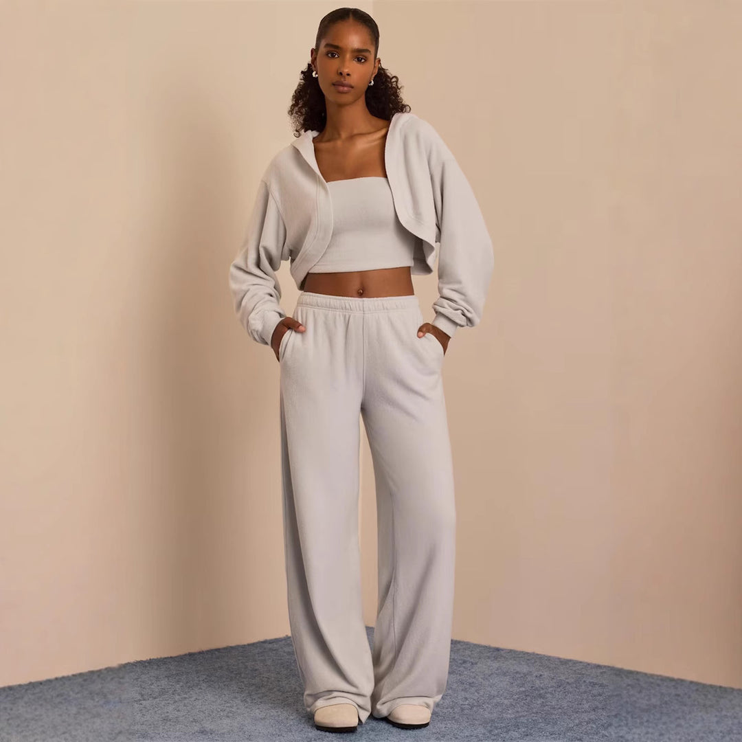 Damen gemütliches Lounge-Set mit cropped Top und weitem Hosenbein