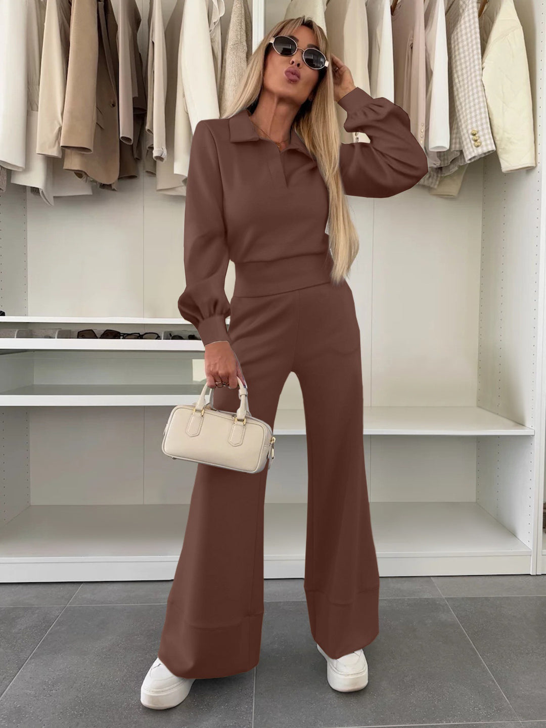 Damen Zweiteiliges Lounge-Set mit Polokragen und taillenhoher Palazzohose Drune