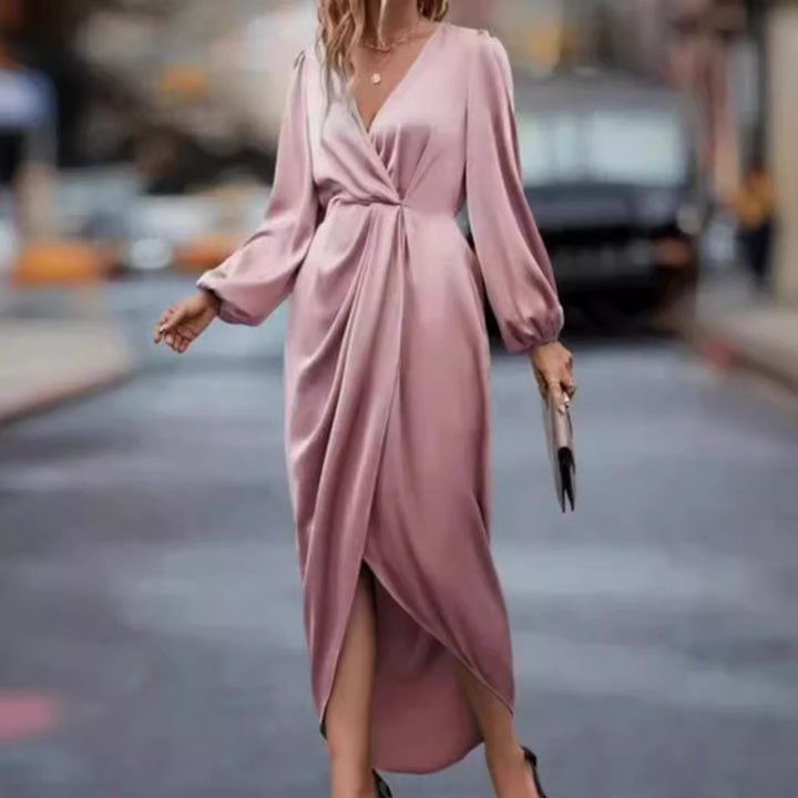 Damen nan elegantes Satin-Midikleid mit Twist-Taille V-Ausschnitt und Ballonärmeln Drune