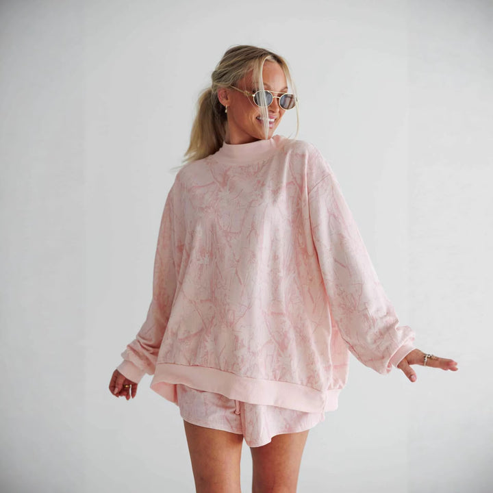 Damen lässiger Sweatshirt- und Shorts-Anzug mit hohem Stehkragen und elastischen Details Drune