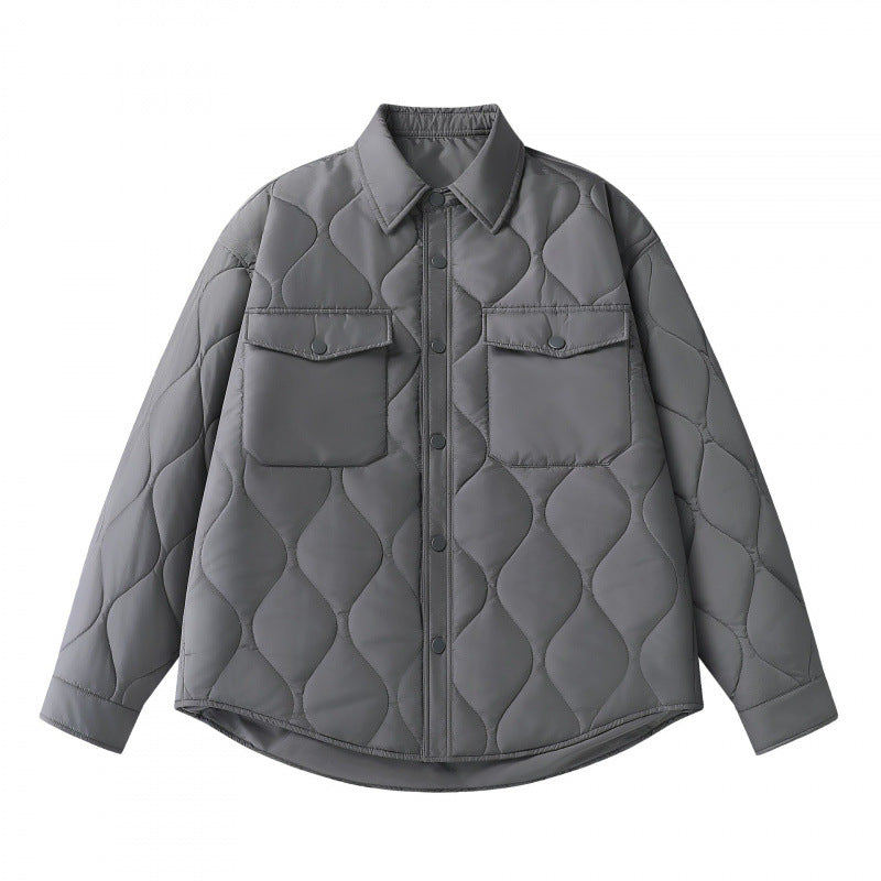 Unisex Gepolsterte gesteppte Hemdjacke mit Pattentaschen und abgerundetem Saum Drune