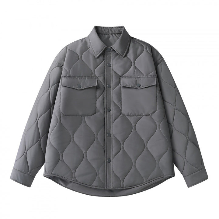 Unisex Gepolsterte gesteppte Hemdjacke mit Pattentaschen und abgerundetem Saum Drune