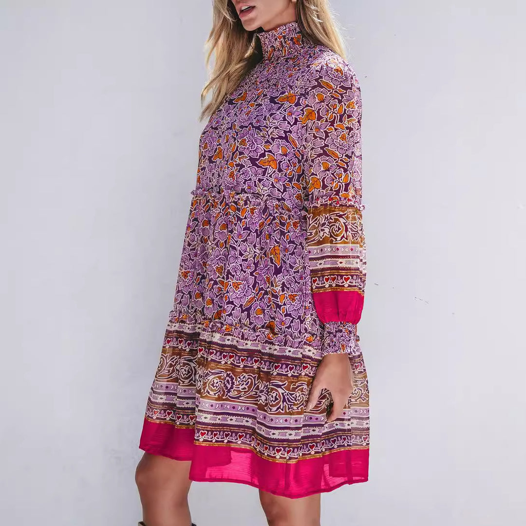 Damen Boho-inspiriertes Midi-Kleid mit elastischem Taillenbund und voluminösen Ärmeln Drune